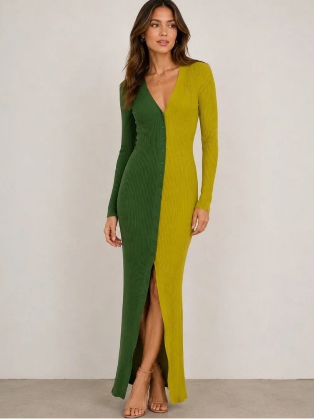 New With Tags STAUD Shoko Colorblock Midi-Dress in Green and Yellow Size Medium
